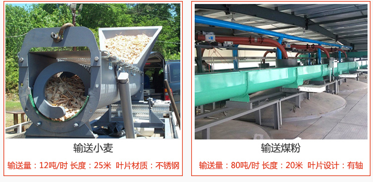 絞龍螺旋輸送機輸送小麥輸送量在12噸/時，長度為25米，葉片采用不鏽鋼材質；輸送水泥輸送量在80噸/時，長度為20米，葉片設計為有軸。
