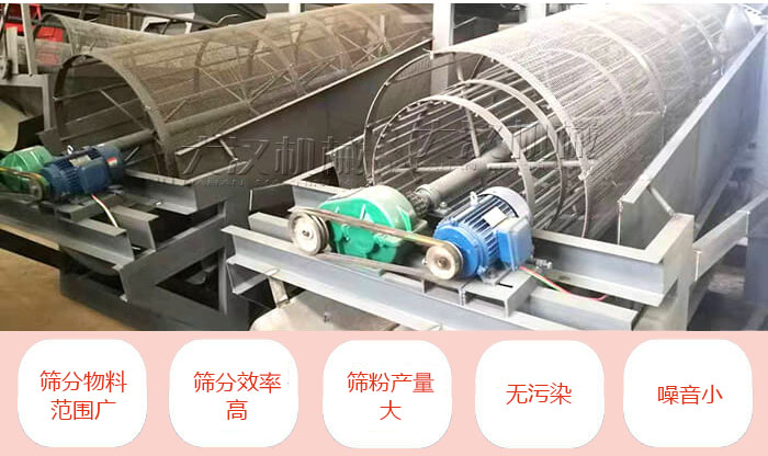 滚筒筛分机主要特点：筛分物料范围广，筛分效率高，筛分产量大，无污染，噪音小。