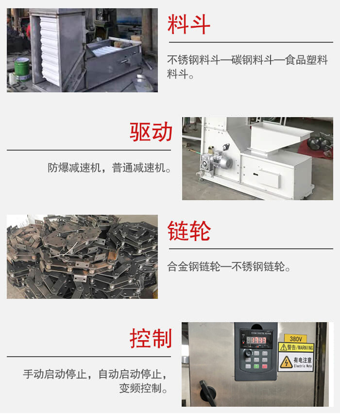 z型鬥式提升機料鬥：不鏽鋼料鬥-碳鋼料鬥-食品塑料料鬥。驅動裝置采用的式防爆減速機，普通減速機兩種。鏈輪采用合金鏈輪-不鏽鋼鏈輪控製器：手動啟動/停止，以及自動啟動停止。