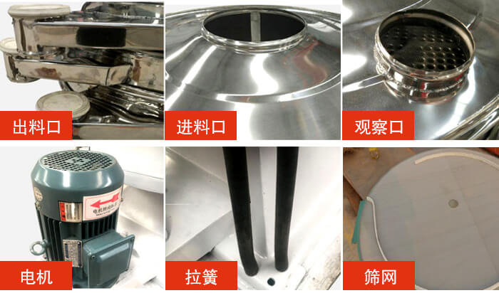 摇摆筛细节展示：出料口，进料口，观察口，电机，拉簧，筛网等。